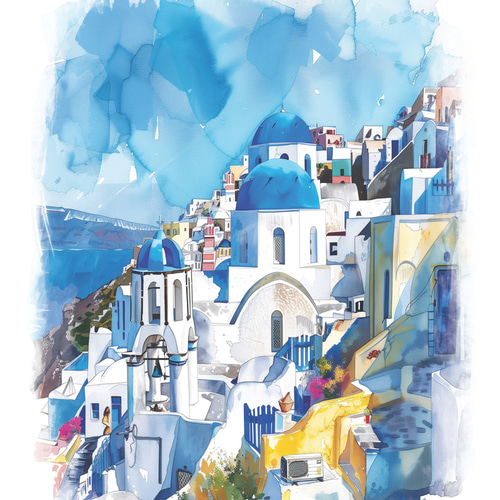 A4 サントリーニ島 ギリシャ 水彩画アート ｜インテリアポスター