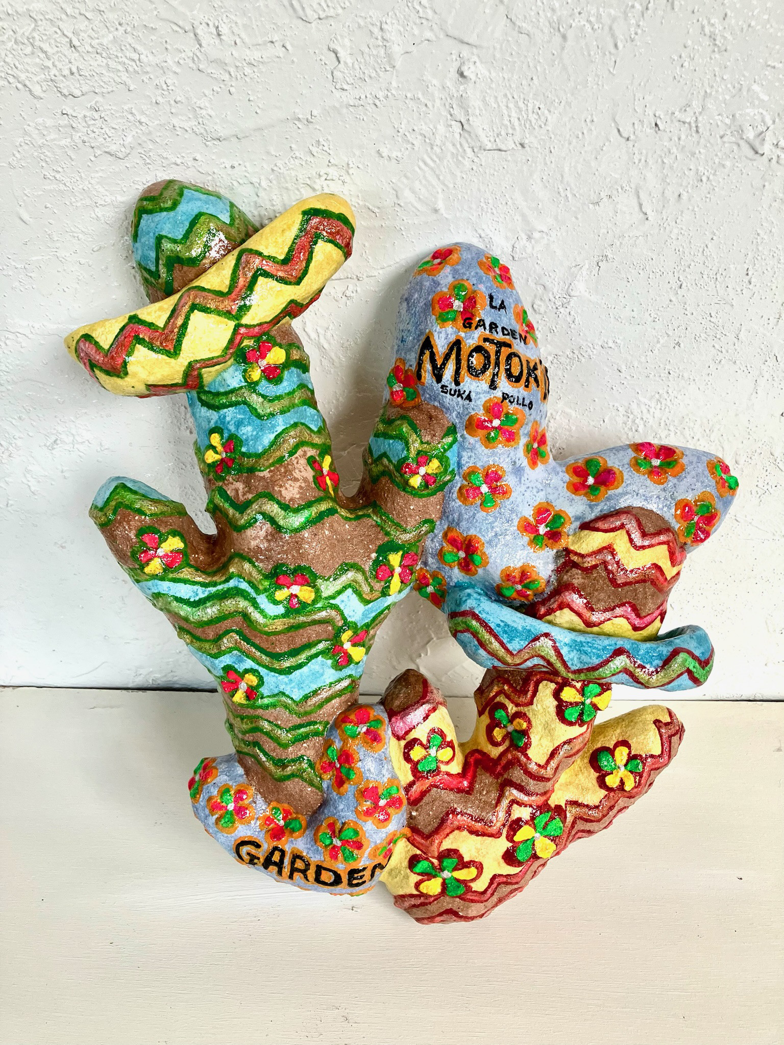 サボテン風壁掛けオブジェ手作り　セメント　植木鉢　かわいい壁掛け