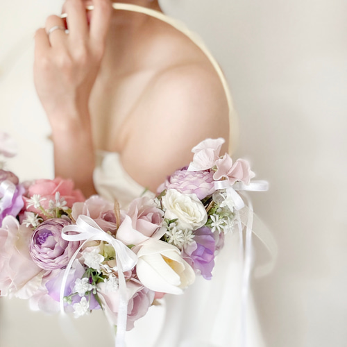 即納・秋婚】淡色リボンフープブーケ／アーティフィシャルフラワー