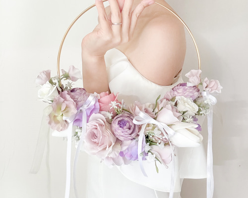 即納・秋婚】淡色リボンフープブーケ／アーティフィシャルフラワー