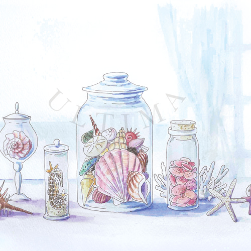夏の日の思い出」30×40cm ＊額装付き手描き水彩画＊送料無料