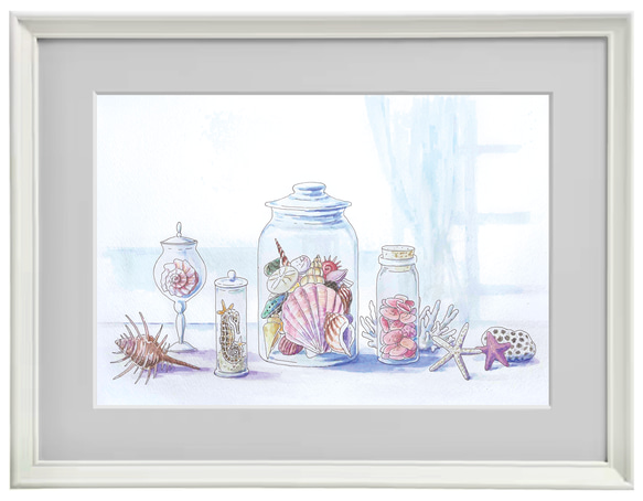 夏の日の思い出」30×40cm ＊額装付き手描き水彩画＊送料無料 絵画 うる