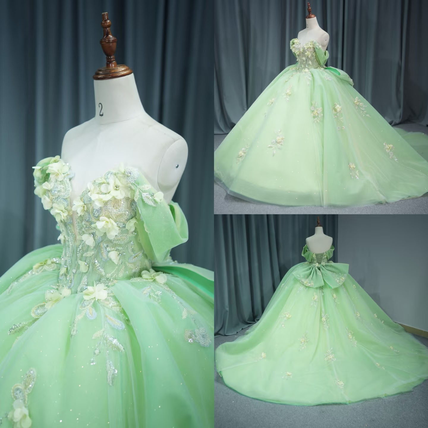 豪華グリーン　フラワー刺繍　オフショルダー二の腕を隠せる　花嫁ボリューム　バックリボン　ブライダルフレアスカート　女王派 50,754円