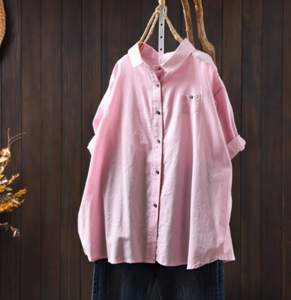 綿100%.ピンク五分袖シャツ.夏 薄手ブラウス.シンプル.ゆったりサイズ