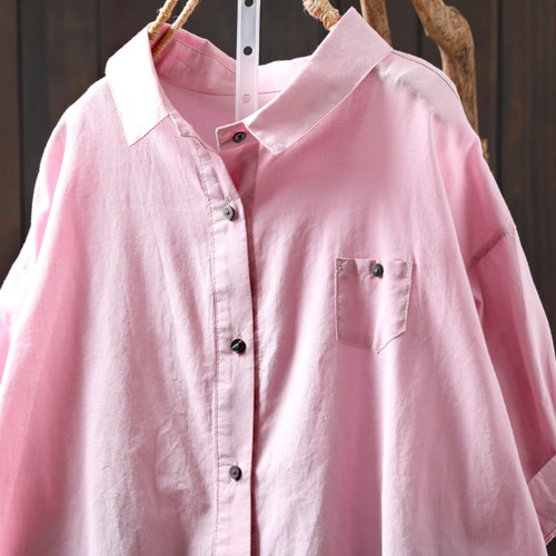 綿100%.ピンク五分袖シャツ.夏 薄手ブラウス.シンプル.ゆったりサイズ