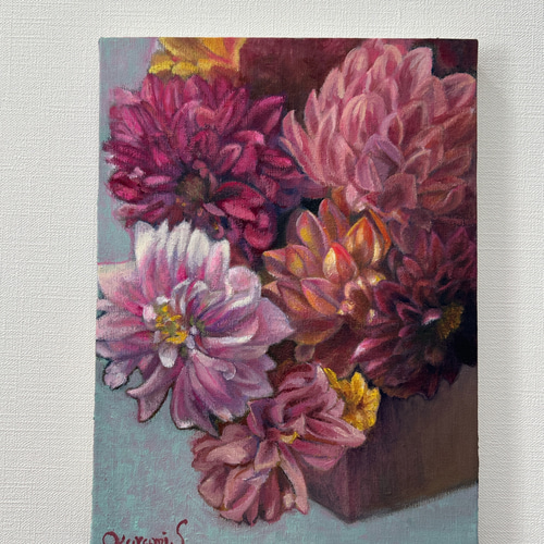 絵画 油絵 花 ダリア 油彩 F4号 ダリア 油絵 キャンバスF4 花の絵 原画 一点もの 絵画 送料込み 絵画
