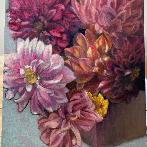 絵画 油絵　ダリア　f8 ダリア 油絵 キャンバスF4 花の絵 原画 絵画 kuruminoenogu 通販