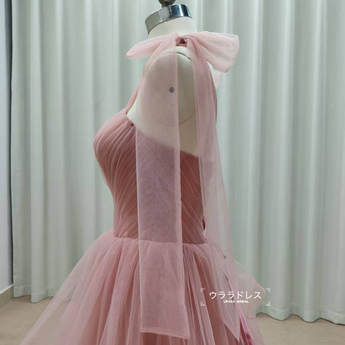 ピンクチュールドレス｜編み上げ×リボンストラップ ドレス ウララ