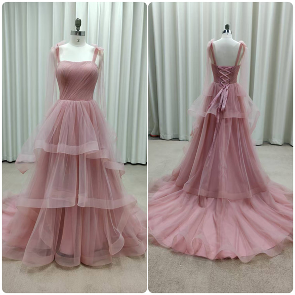 ピンクチュールドレス｜編み上げ×リボンストラップ ピンクチュールドレス｜編み上げ×リボンストラップ ドレス ウララ