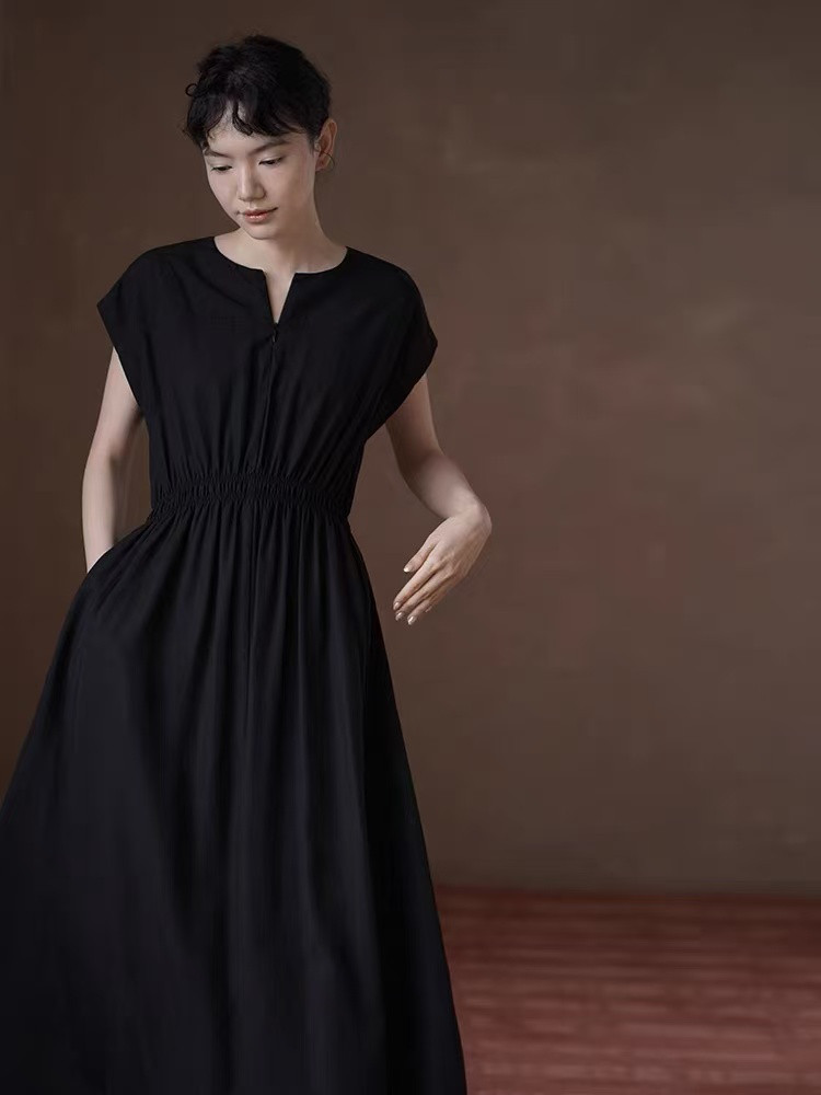 Vネック　ロングワンピース　半袖ワンピース　ベルト付き