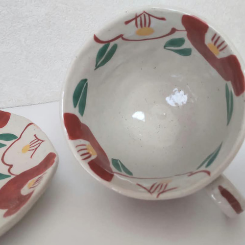 赤絵 つばき柄コーヒーカップ&ソーサー 瀬戸焼 ティーカップ ミント