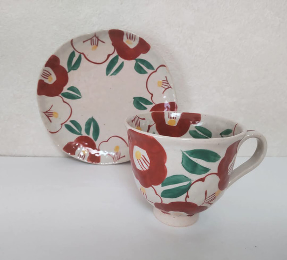 テルミー 京焼 清水焼 嘉豊窯 椿絵 カップアンドソーサー 2客