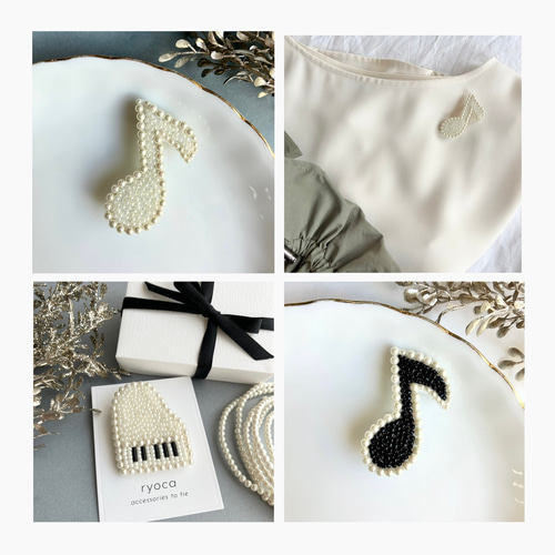 音符 ブローチ パール×blackビーズ ビーズ刺繍 ブローチ ryoca