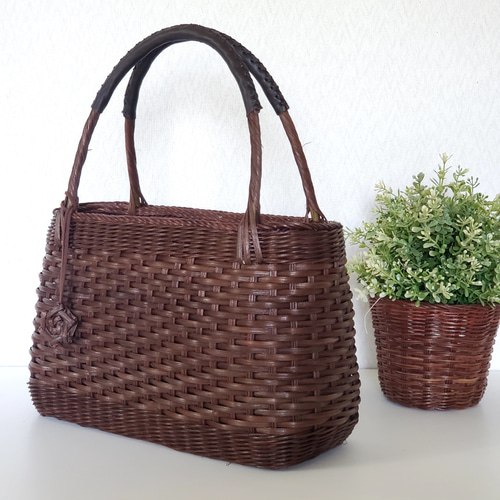 【新品未使用】カゴ風バッグ　焦茶×パープル 受注製作】プラカゴ miniロングサイズ/A5 miniL-141 紫*白 2way