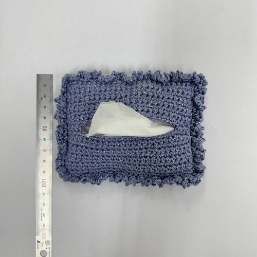 フリルポケットティッシュケース(ブルー) かぎ針編み その他ケース