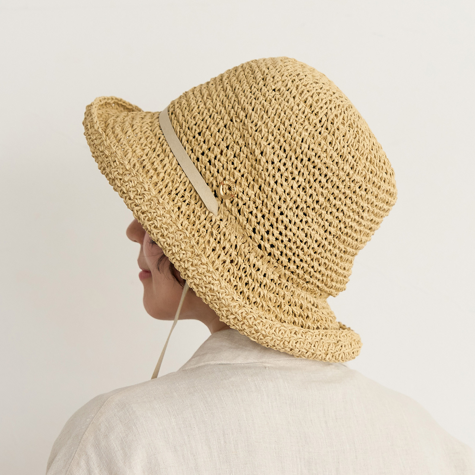 【サイズ調節可能】手編みペーパーサイドリボンハット/ベージュ　251-11-200