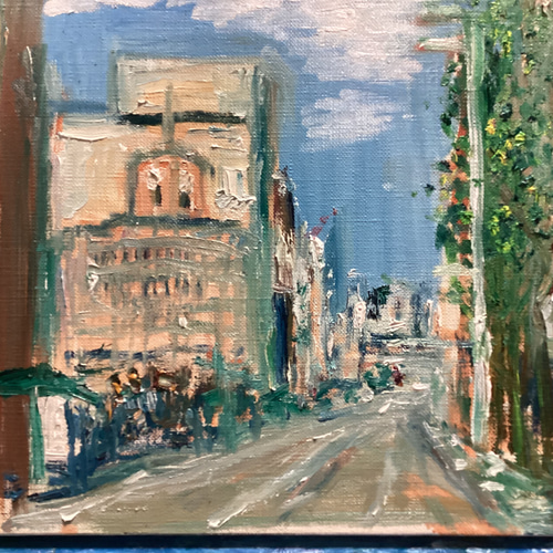サイン有り 油彩画 15号 大作 ナポリの下町風景「群衆と街角」