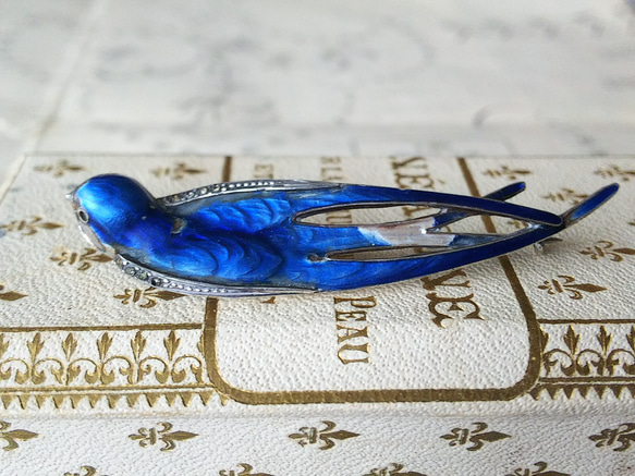 アンティークツバメのブローチ フランスアンティーク Blueエナメル／ペースト／ツバメの