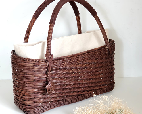 新作・Creema限定] 柿渋で染めた横長 籐かごバッグ かごバッグ 籐かご