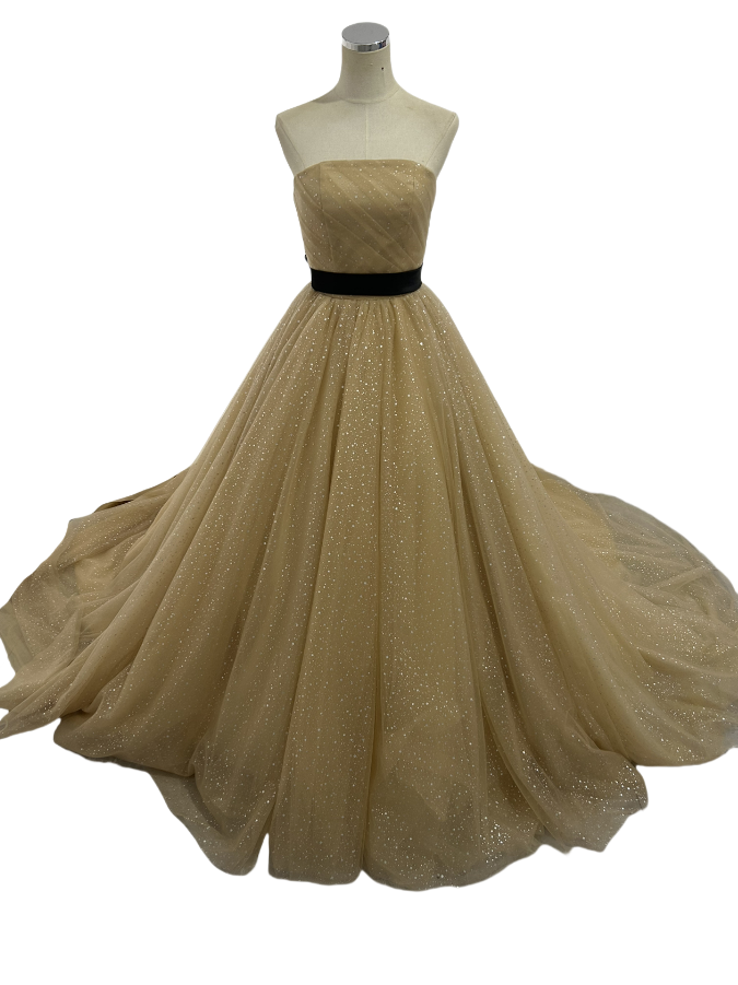 カラードレス シャンパン色  ビスチェタイプ キラキラグリッターチュール ベルト 編み上げ 結婚式 トレーン
