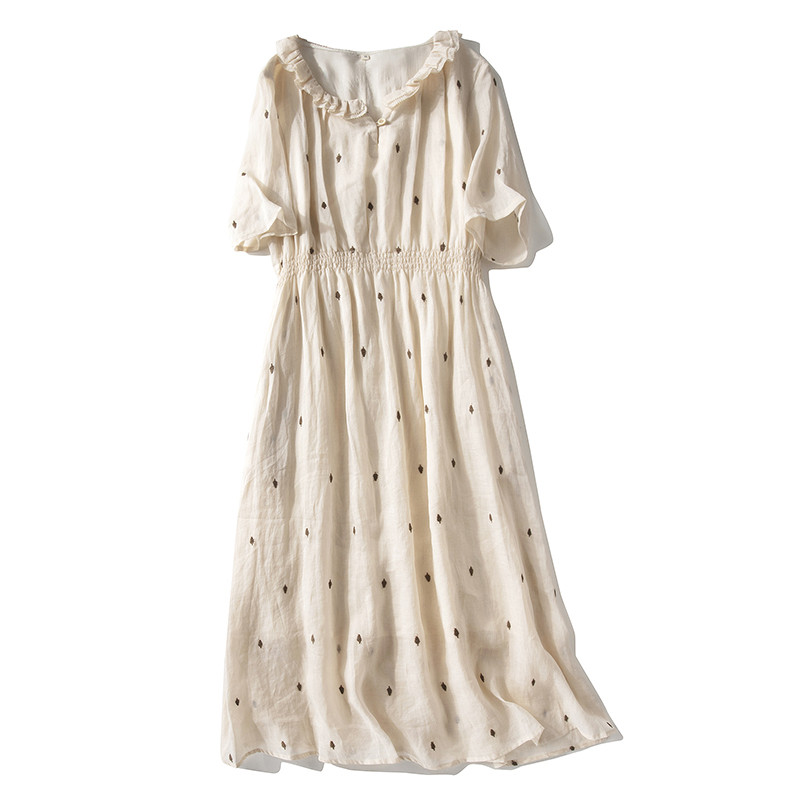 ギャザーレース襟リネンワンピース　刺繡リネン半袖ワンピース　裏地付き　ベージュ　S-Lサイズ　L651