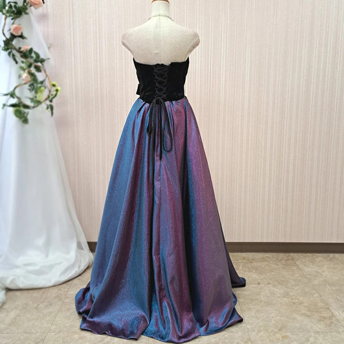 カラードレス ブラック×玉虫パープル×ブルー ウエストリボン付