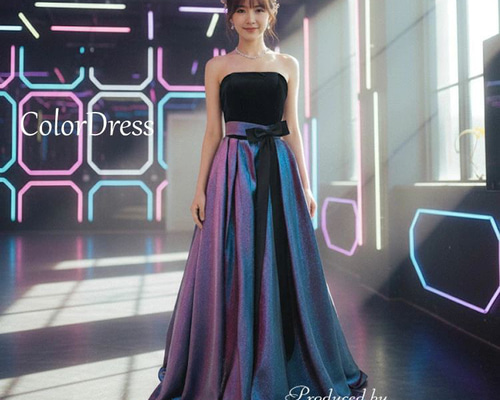 カラードレス ブラック×玉虫パープル×ブルー ウエストリボン付 演奏会