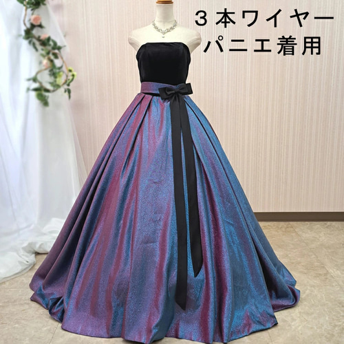 ウエストリボン1回着セミオーダードレス煌めき玉蟲ブラックパープルフランス生地 ウエストリボン1回着セミオーダードレス煌めき玉蟲ブラック