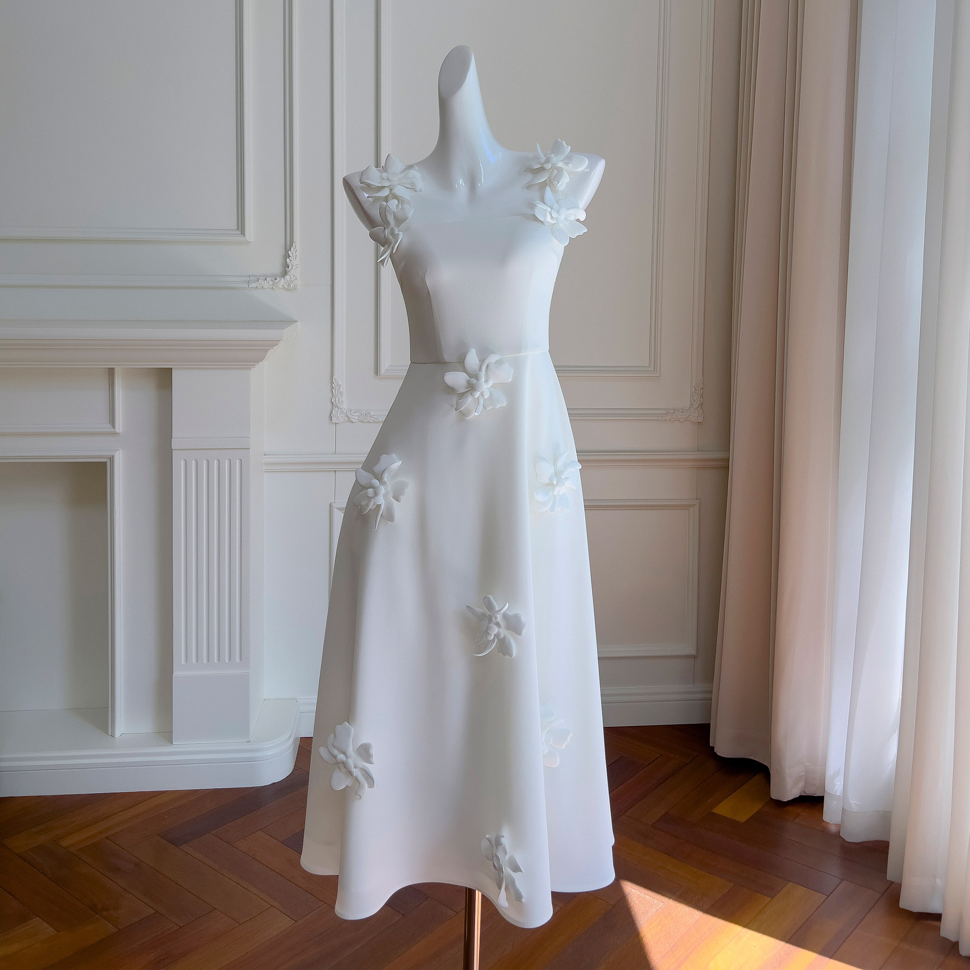 ドレス パーティー ウェディング ワンピース ロング プリンセス 立体花 白 上品 優雅 韓国風 結婚式 お呼ばれ