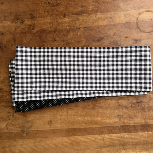 白黒ギンガムチェック×ピンドットリバーシブル半幅帯 和装小物