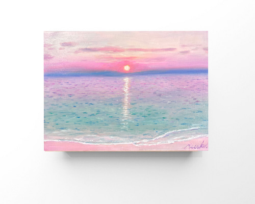 油絵 原画 オリジナル 「ピンク×ブルーの海」送料無料 絵画
