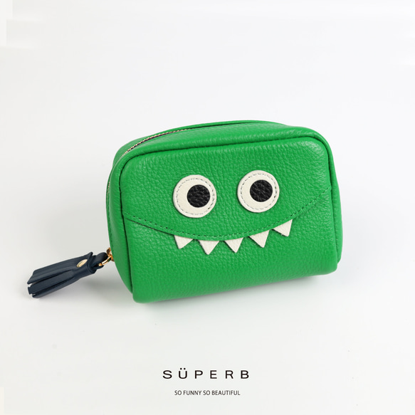 【Eグリーン/通しマチ/モンスターポーチSMALL】毎日の相棒♪ふっくらコロンとしたモンスターマルチポーチ 1枚目の画像
