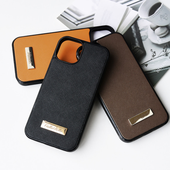 全8色 スマホケース 【サフィアーノレザー グリップタッチプレート】 名入れ 本革 スマホカバー 1枚目の画像