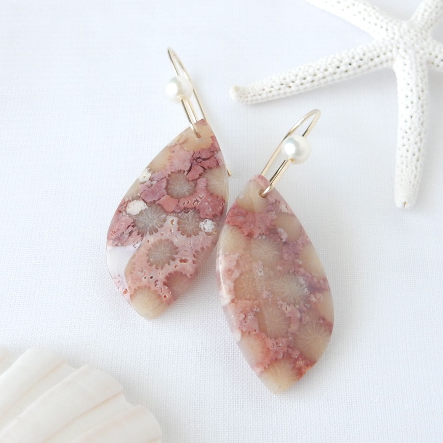 フォッシルコーラル（ピンク）・淡水パールピアス/イヤリング14kgf【1734】1点もの 13,908円
