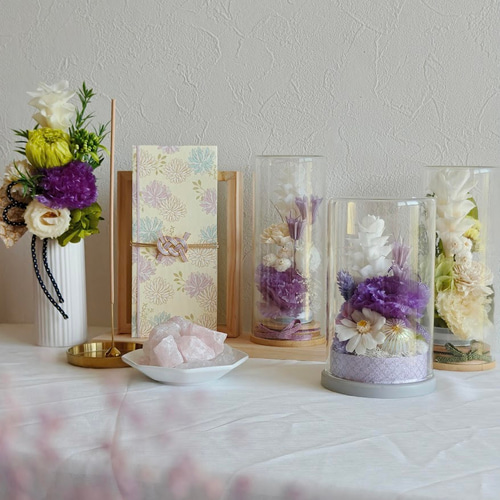 トルコキキョウとクルクマのプリザーブドアレンジメント お供え花 お盆