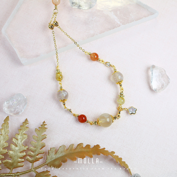 Molla 早春櫻花落|櫻花瑪瑙橘兔毛水晶鈦晶手鍊（手工訂製-可調式手鍊） 第4張的照片