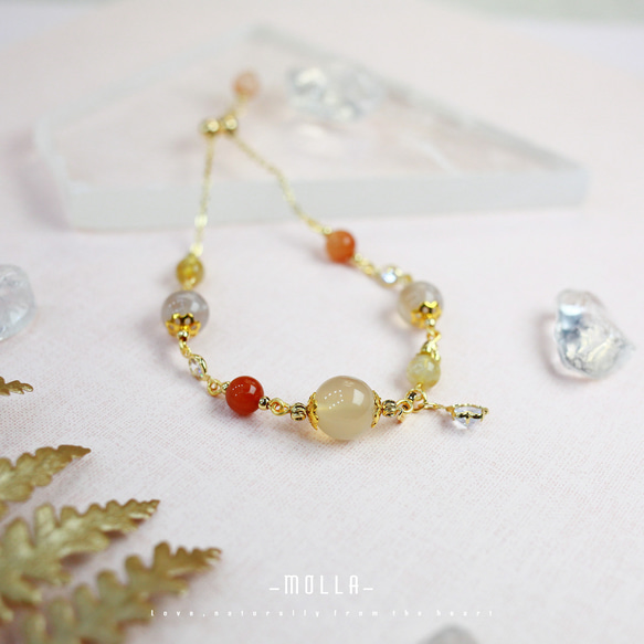 Molla 早春櫻花落|櫻花瑪瑙橘兔毛水晶鈦晶手鍊（手工訂製-可調式手鍊） 第5張的照片