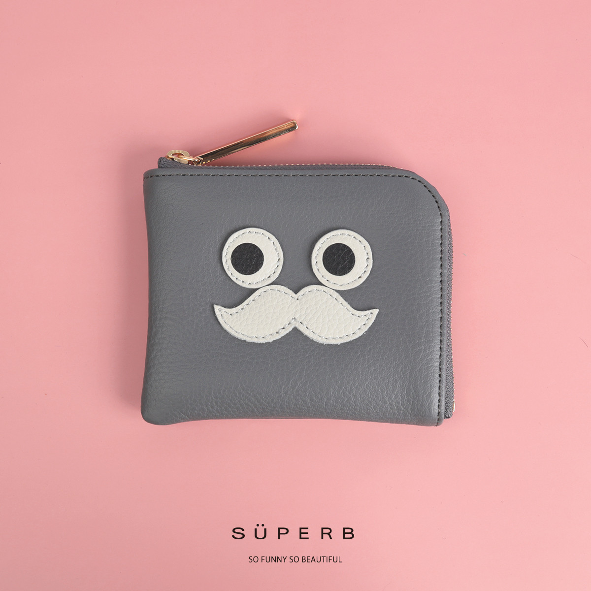 【チャコール/おひげmini】高級感のある薄くて軽い/可愛らしくもジェントルマンな表情のモンスターコンパクトミニL字財布