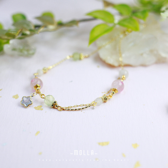 Molla 早春的櫻花雨|月光石葡萄石櫻花薔薇石雙圈手鍊（手工訂製-可調式手鍊） 第4張的照片