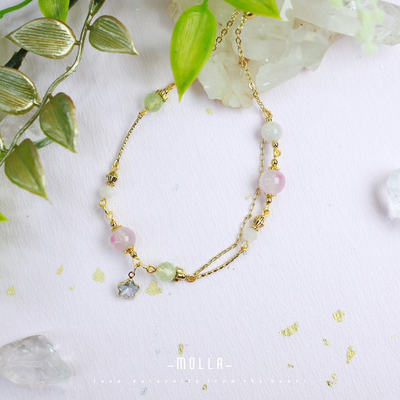 Molla 早春的櫻花雨|月光石葡萄石櫻花薔薇石雙圈手鍊（手工訂製-可調式手鍊） 第2張的照片