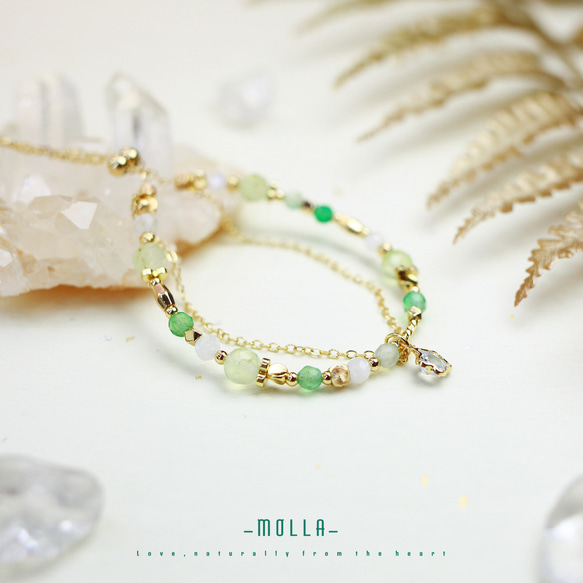 Molla 小山丘的清新綠|月光石葡萄石櫻花薔薇石雙圈手環（手工訂製-可調式手環） 第5張的照片