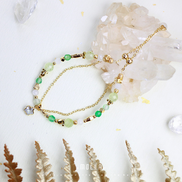 Molla 小山丘的清新綠|月光石葡萄石櫻花薔薇石雙圈手環（手工訂製-可調式手環） 第4張的照片
