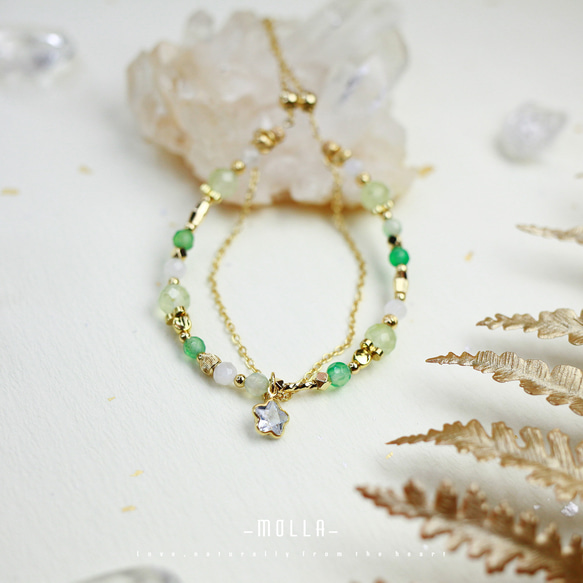 Molla 小山丘的清新綠|月光石葡萄石櫻花薔薇石雙圈手環（手工訂製-可調式手環） 第2張的照片