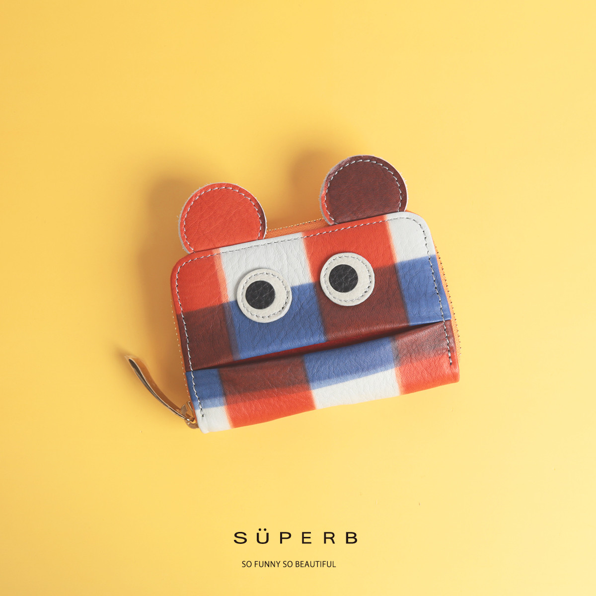 【手描きチェック/ブルー×オレンジ】おみみマルチ/使いにくそうなのに愛用したくなるモンスターマルチケース/ミニ財布