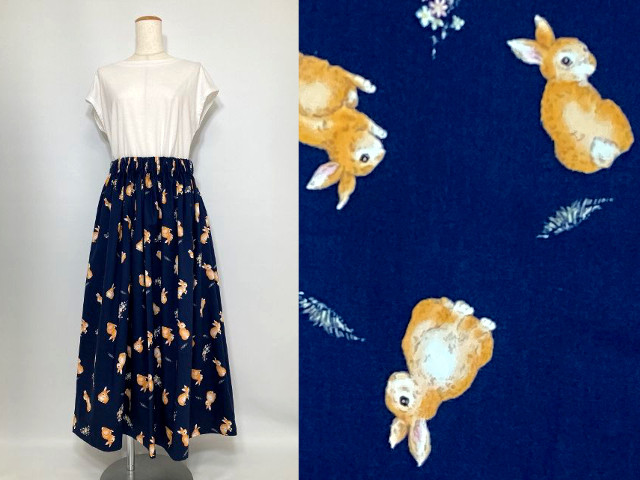 うさぎ　ロング　ギャザースカート　86cm丈　ゴムウエスト　綿100