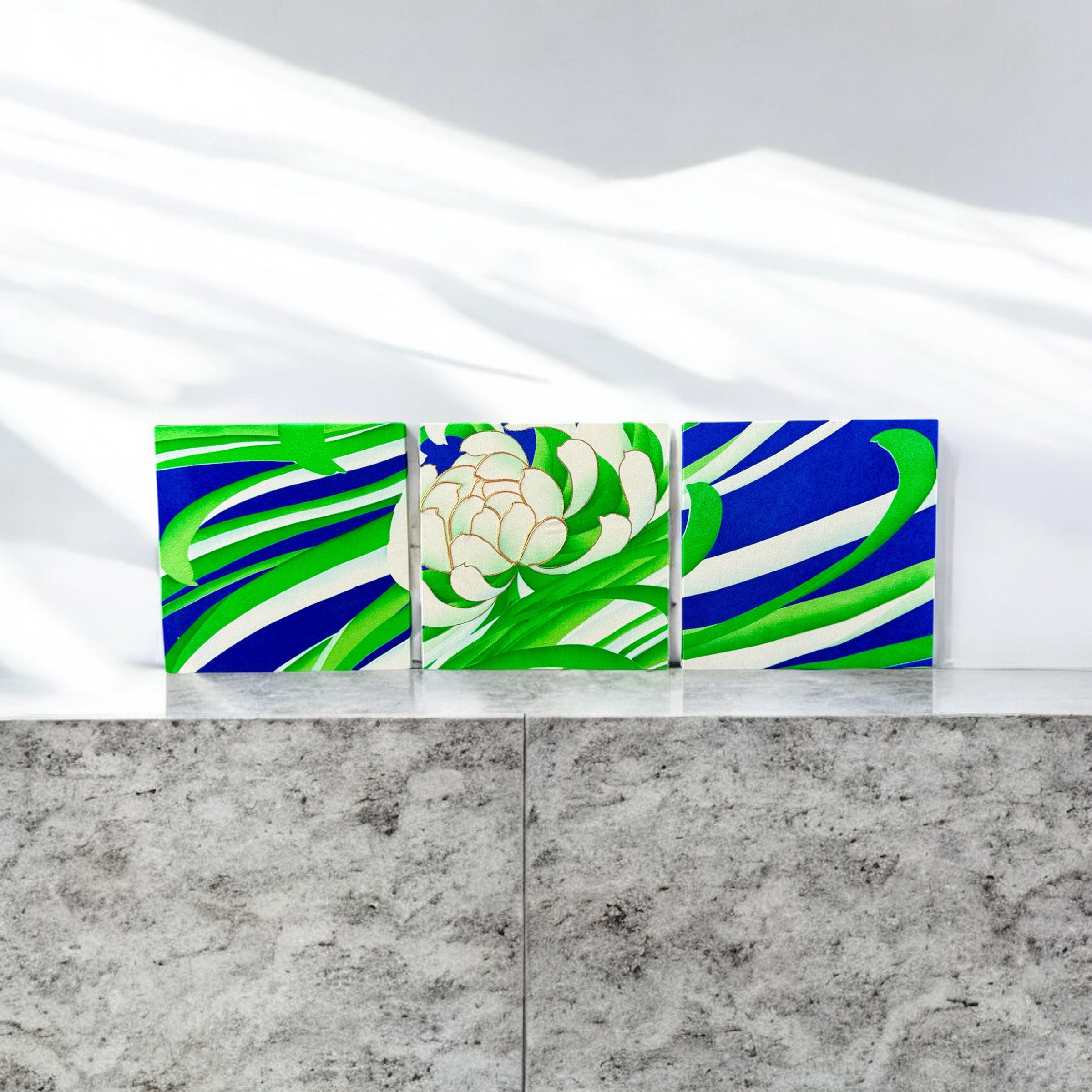 ◼︎057◼︎着物のファブリックパネル(3セット)サスティナブル 青地に菊の花