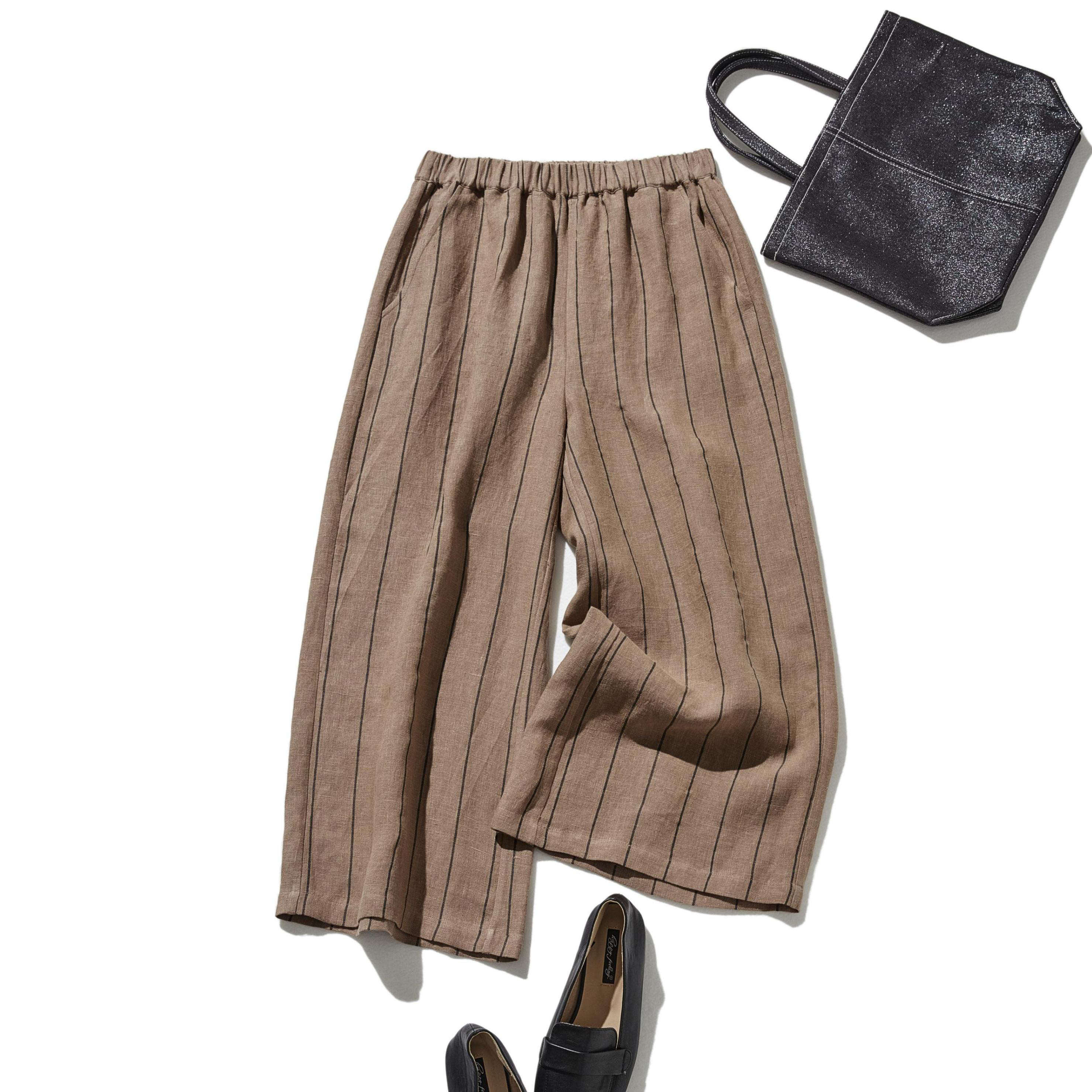着やせデザインで動きやすさとスタイルアップを両立 ストライプワイドパンツ リネン100％　茶褐色 250405-2