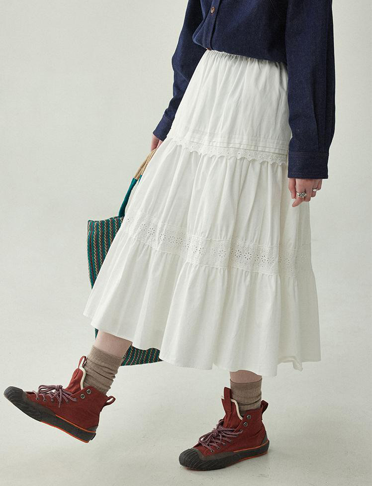 送料無料 フレンチホワイトレース Aラインスカート レディース 春夏 ミディ丈 ハイウエスト 通勤 フレアスカート 7,546円