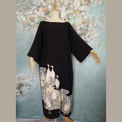 【SALE】d76 着物ワンピース サッシュベルト付 着物リメイク マキシ丈 d76 L〜LLサイズ 着物ワンピース サッシュベルト付き 着物
