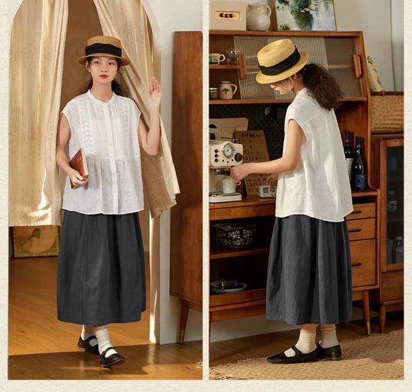 2色 シックなフロントタック　ノースリーブのブラウス・Tシャツ【秋春夏】白・黒 11枚目の画像